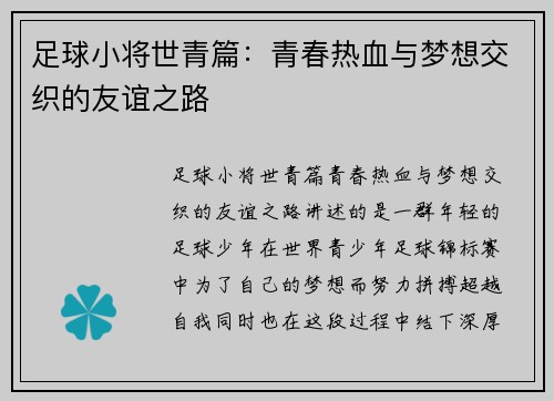 足球小将世青篇：青春热血与梦想交织的友谊之路